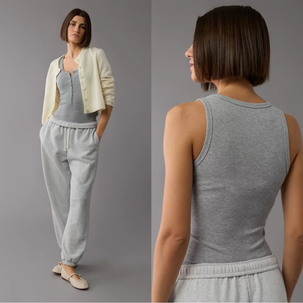 American Eagle Henley Gray Ribbed Tank Top Bodysuit